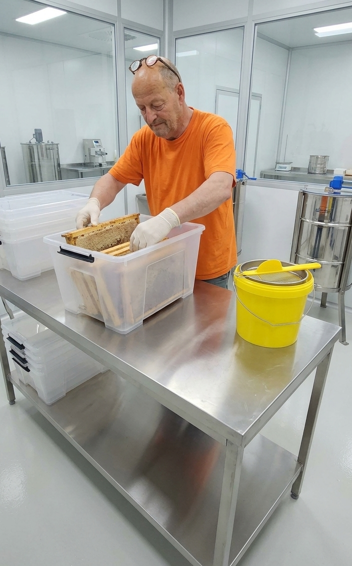 Chris beim Entdeckeln der Honigwaben in der Imkerei